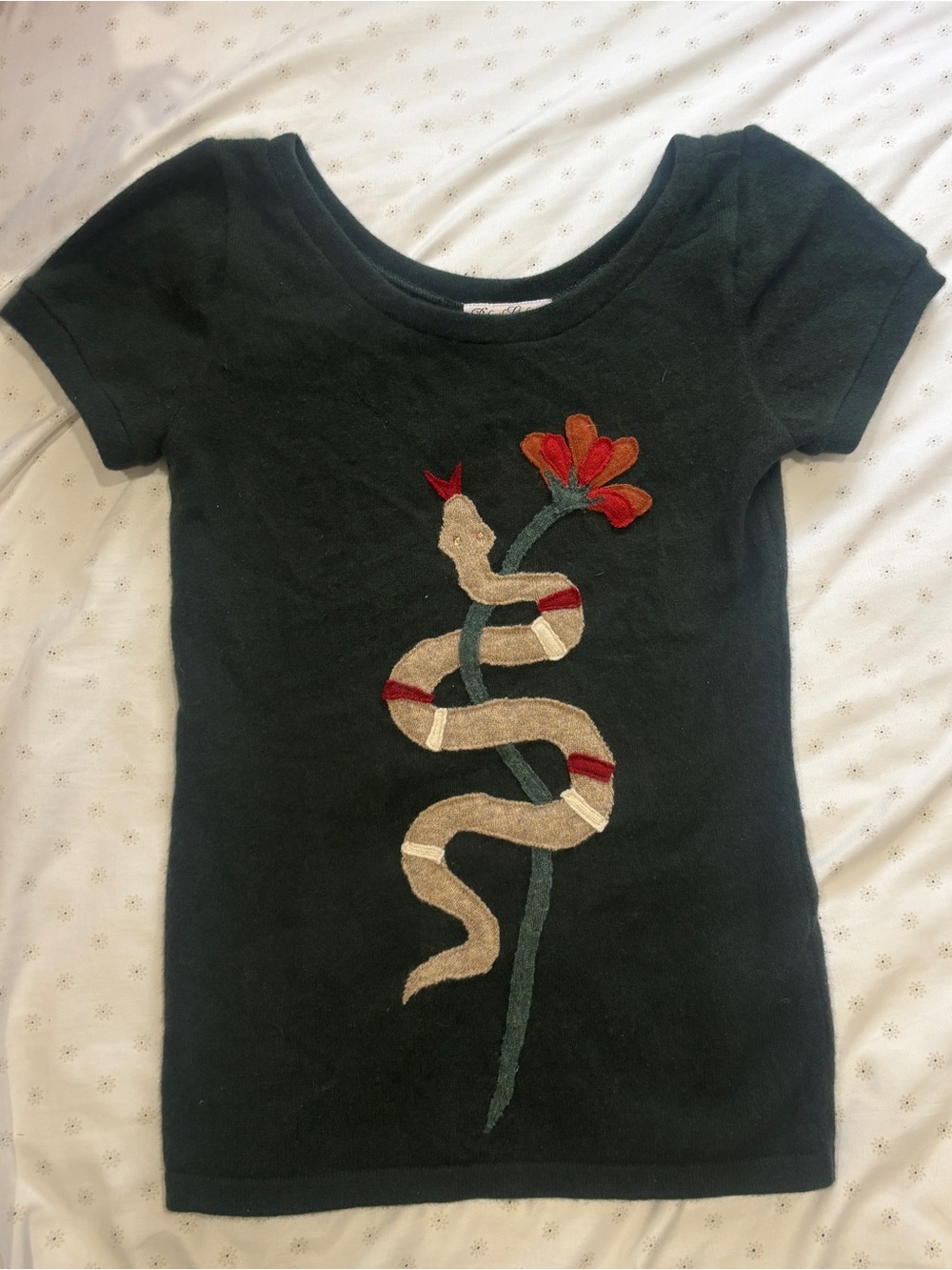 Black Short-Sleeve Tee with Embroidered Snake & Flower Motif